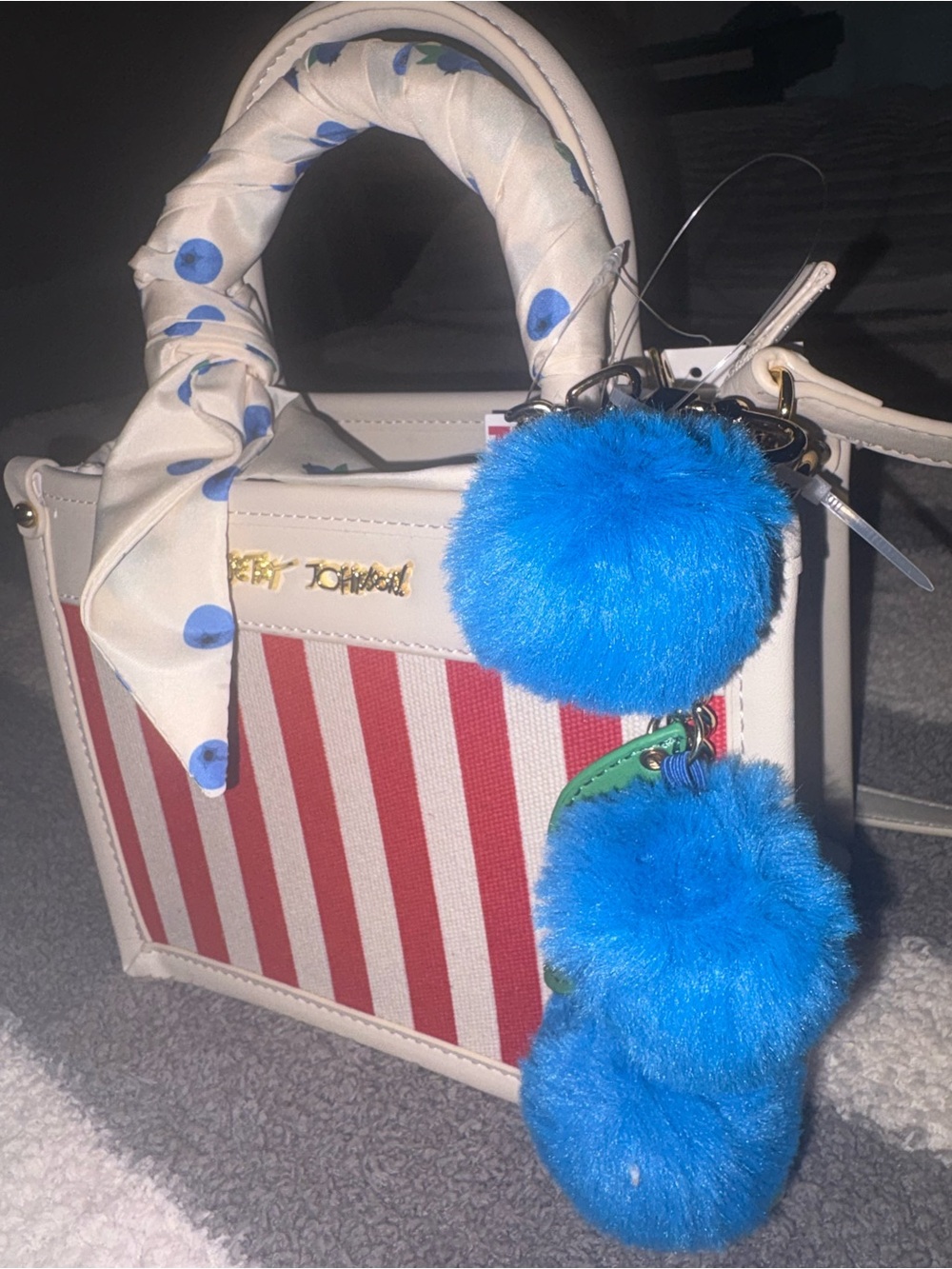 Betsey Johnson White & Red Striped Mini Tote with Blue Pom-Pom Charms